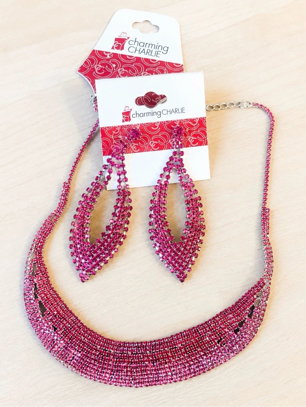 Charming Charlie Hot Pink Rhinestone Necklace with Dangle Earrings
